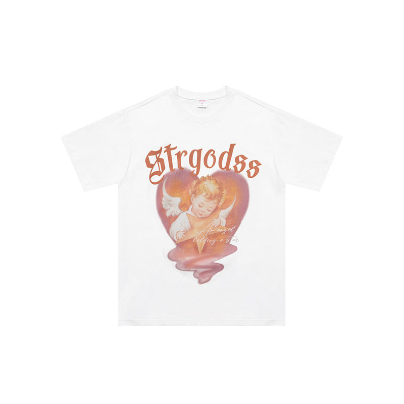 Summer Heavy American Retro Street Overesize Angel Print T-shirt - Nyaabs