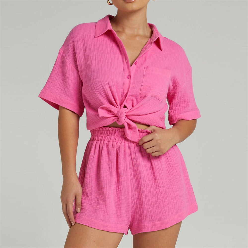 Women's Casual Loose Solid Color Shorts Shirt Two-piece Suit - Nyaabs