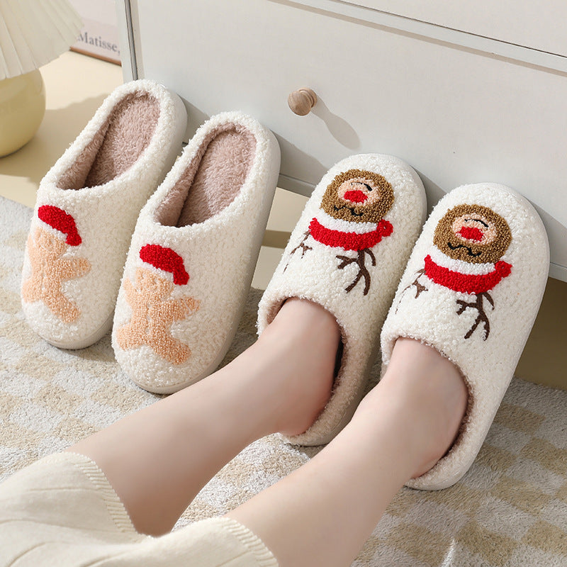 Christmas Home Slippers Cute Cartoon Santa Claus Cotton Slippers For Women And Men Couples Winter Warm Furry Shoes - Nyaabs