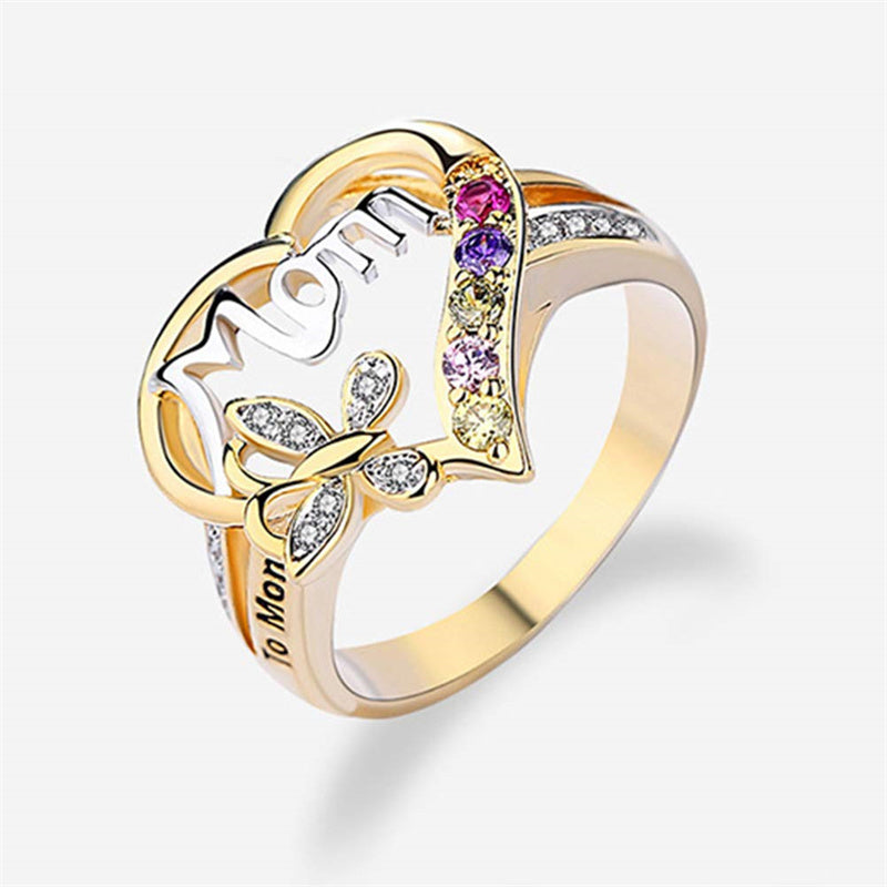 Mother's Day Gift Hollow Heart English Letter Love Mom Rhinestone Butterfly Finger Ring Jewelry Gift - Nyaabs