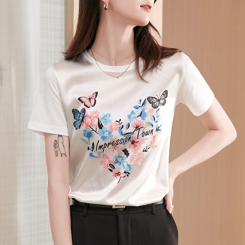 Silk T-shirt Women Short-sleeved Butterfly Love Printing Heavy Satin Stitching - Nyaabs