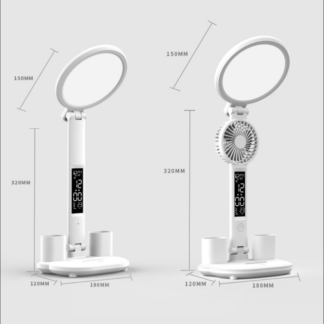 LED Clock Table Lamp USB Chargeable Dimmable Desk Lamp Plug-in LED Fan Light Foldable Eye Protection Reading Night Light - Nyaabs