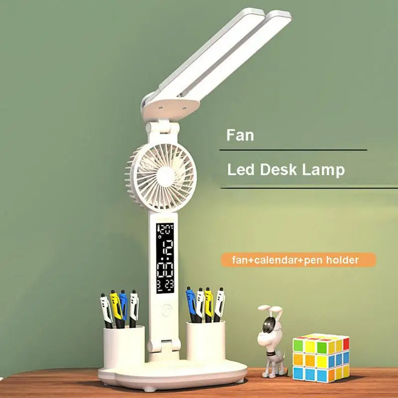 Foldable LED Table Light Eye Protection Multifunction Desk Lamp With Thermometer Calendar Fan Pen Holder Study Reading Fan Light - Nyaabs