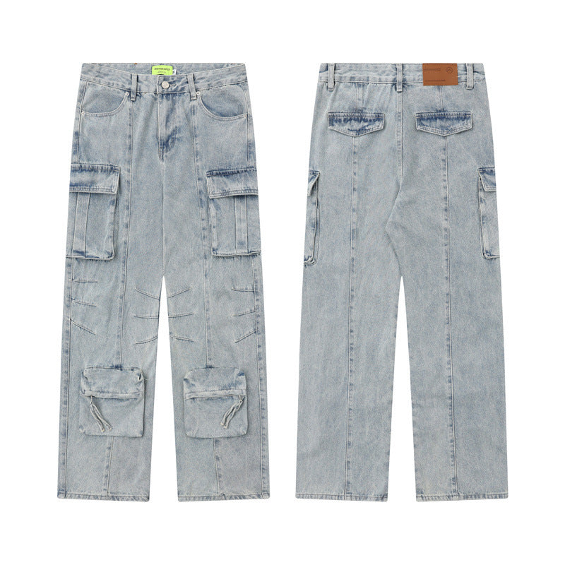 Washed Worn Jeans American Retro Wide Leg Straight Blue Loose-fitting Multi-pocket - Nyaabs