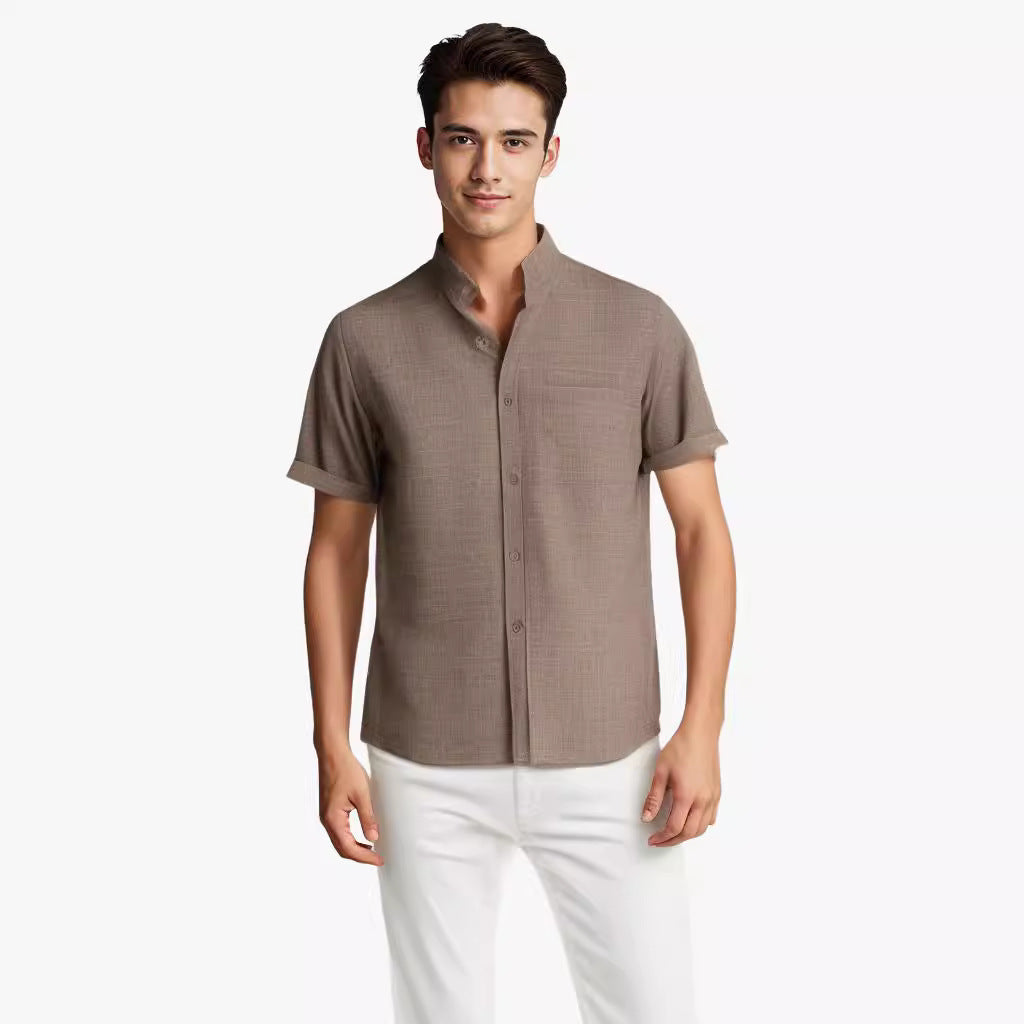 Solid-color Short-sleeved Lapel Shirt Summer Breathable Cotton And Linen Top Mens Clothing - Nyaabs