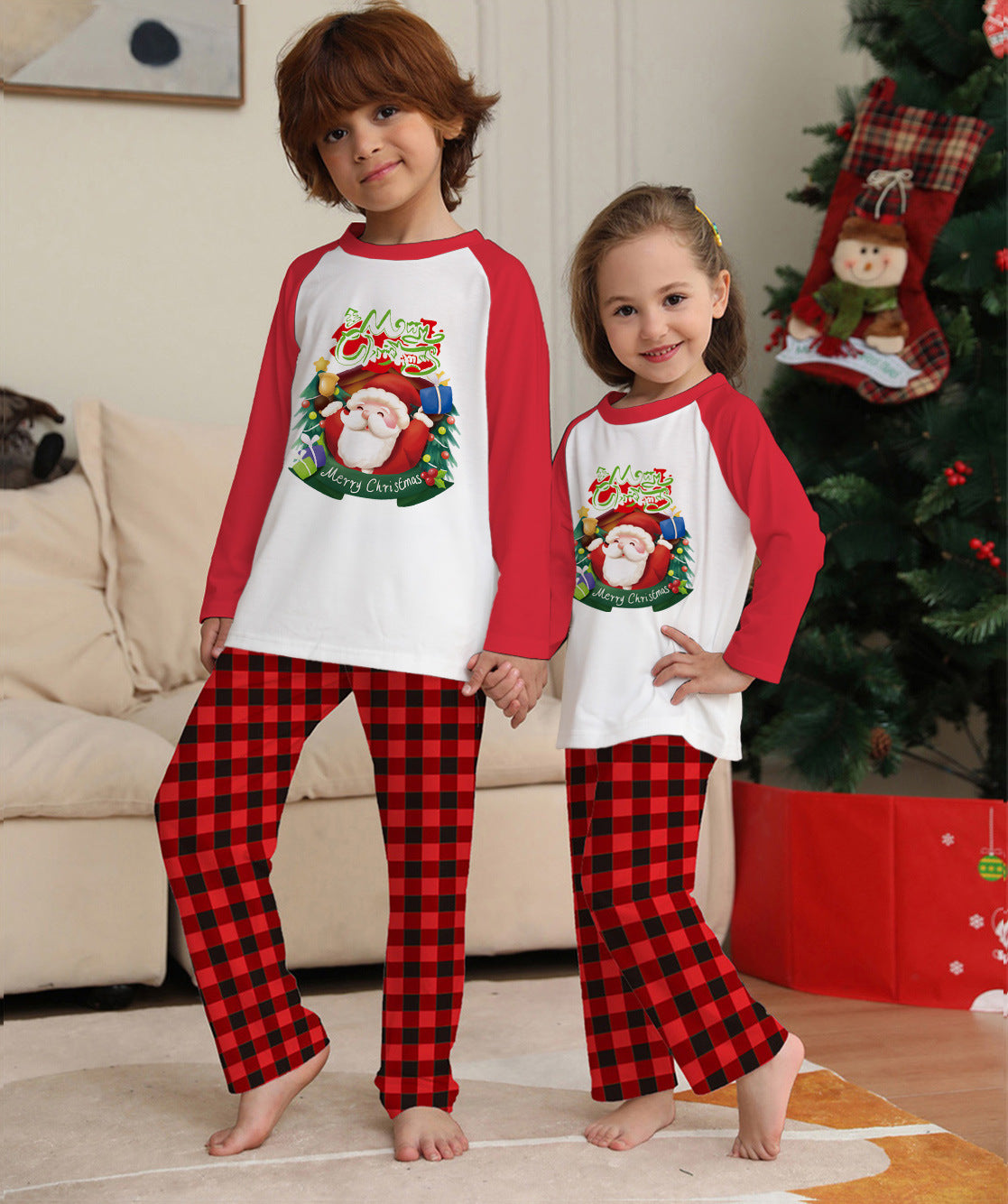 Christmas Parent-Child Clothes Set Long Sleeve T-Shirt Plaid Pants Family Matching Pajamas - Nyaabs