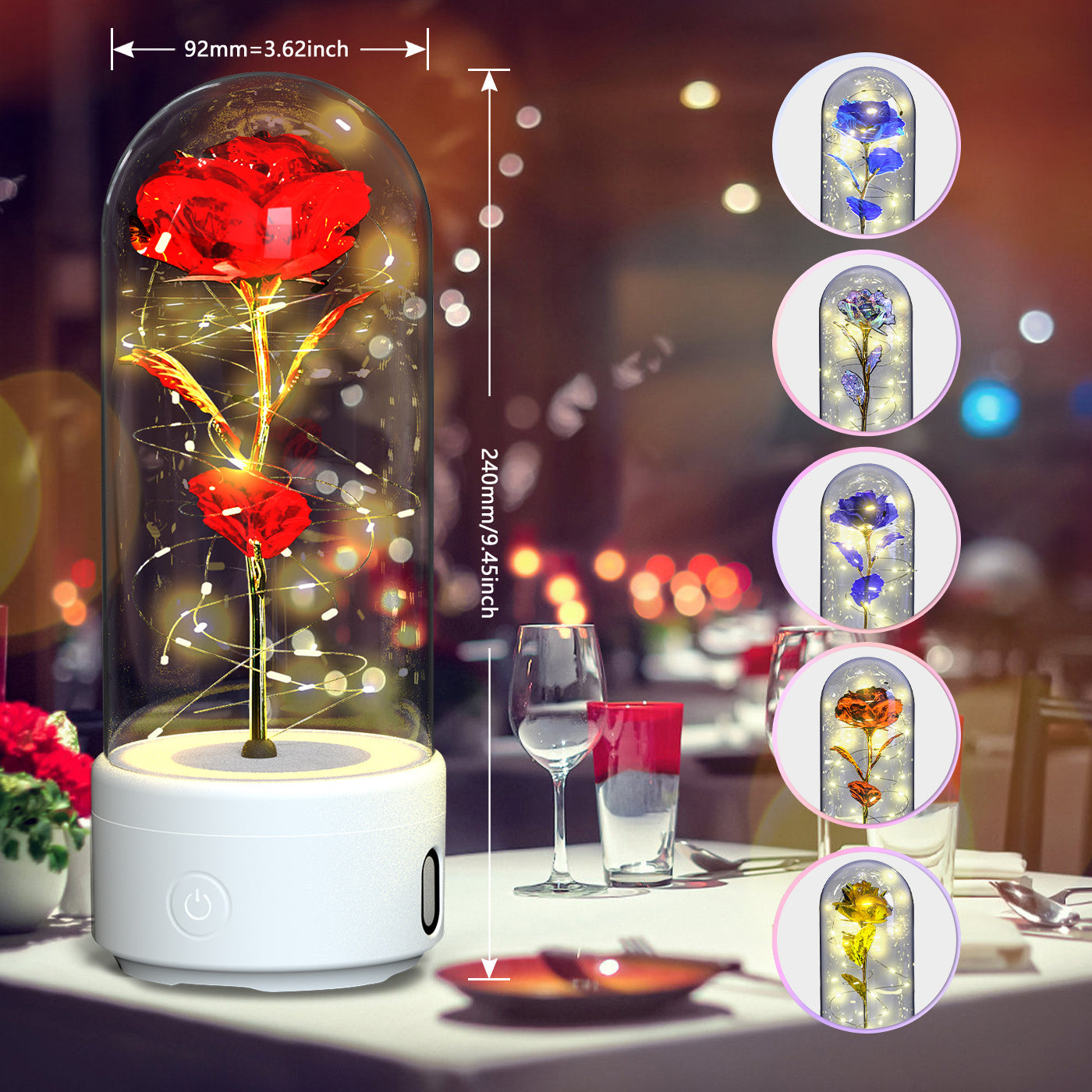 Creative 2 In 1 Rose Flowers LED Light And Bluetooth Speaker Valentine's Day Gift Rose Luminous Night Light Ornament In Glass Cover - Nyaabs