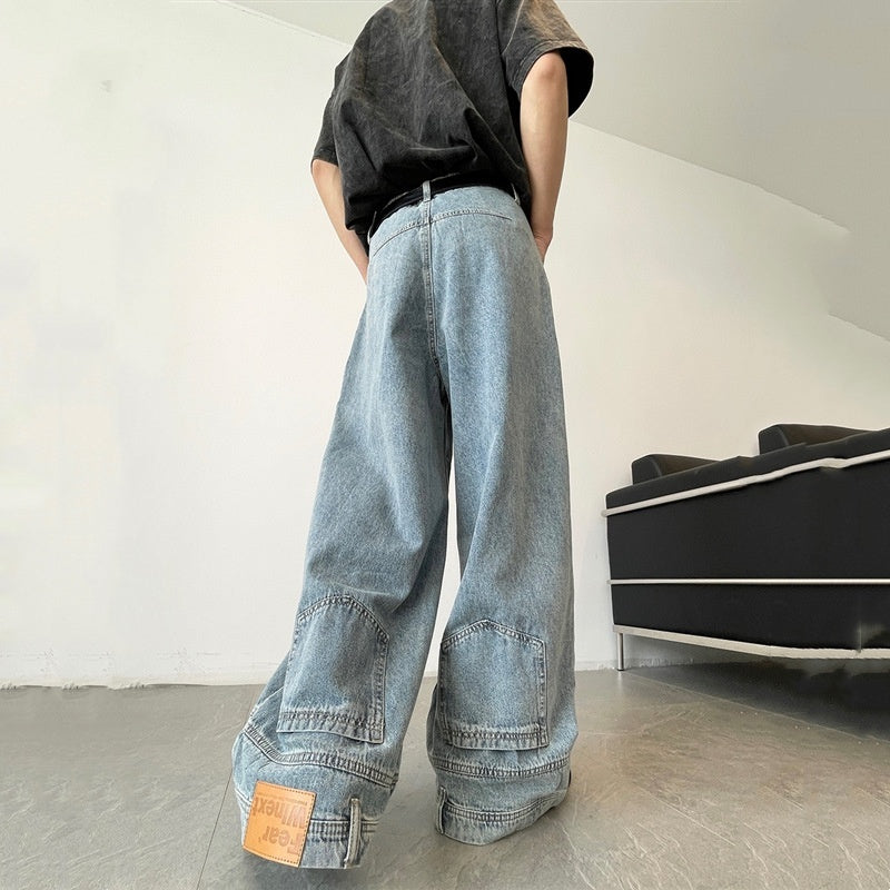 Retro Reverse Pocket Flip-down Jeans Men's Washed Wide-leg Pants - Nyaabs