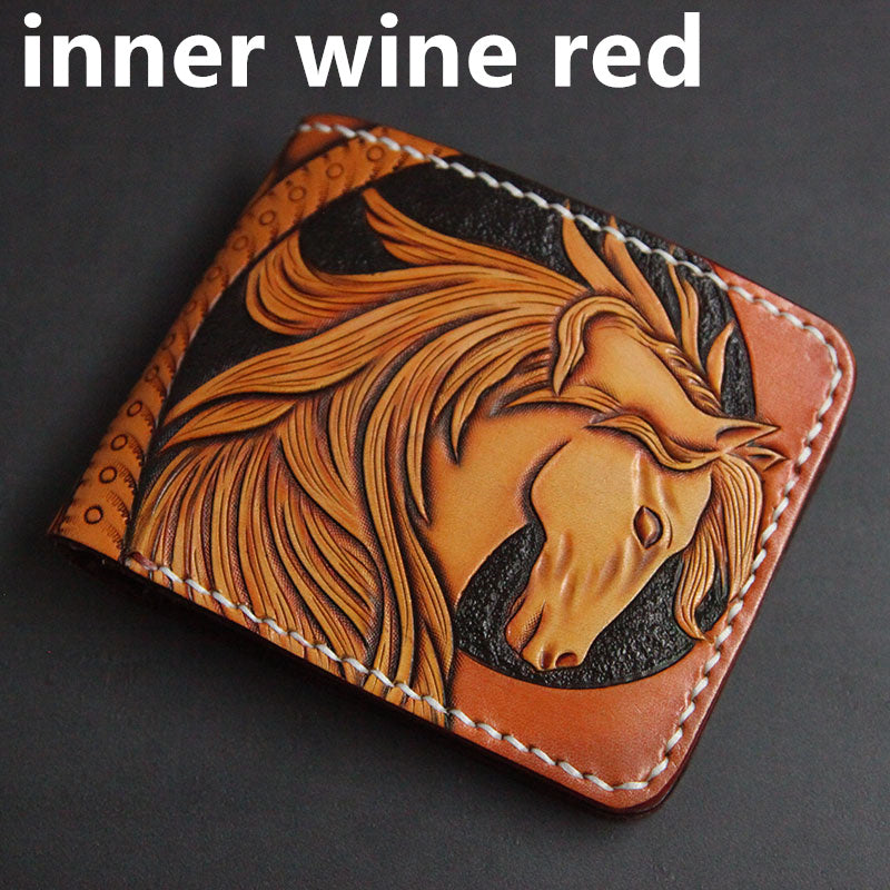 First Layer Cowhide Handmade Leather Carving Wallet Short Carp Couple Gift - Nyaabs