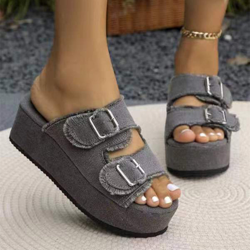 Fashion Denim Buckle Wedges Sandals Summer Outdoor High Heel Slippers Thick Bottom Camouflage Shoes For Women nyaabs.com