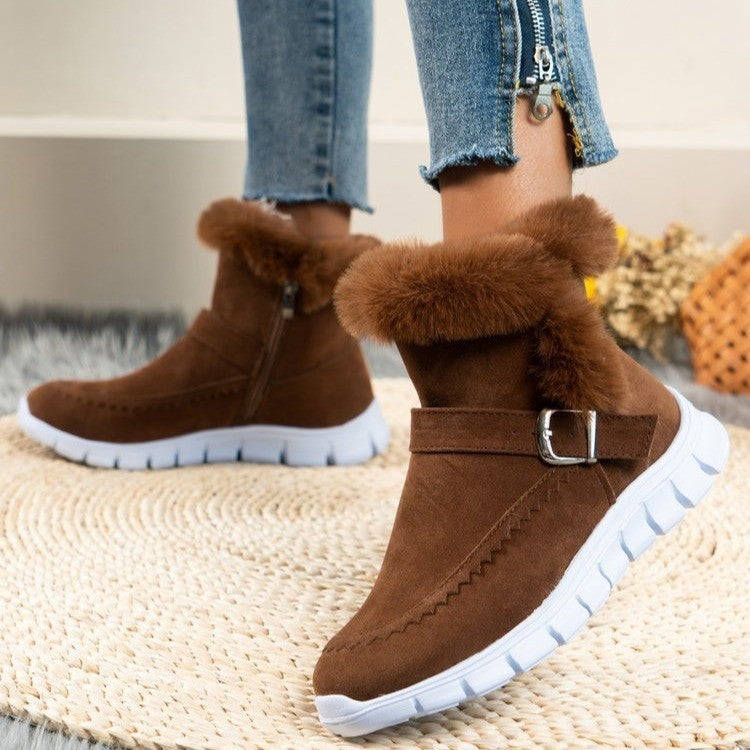 New Snow Boots Winter Warm Thickened Solid Color Plush Ankle Boots With Buckle Design Plus Velvet Flat Shoes For Women - Nyaabs