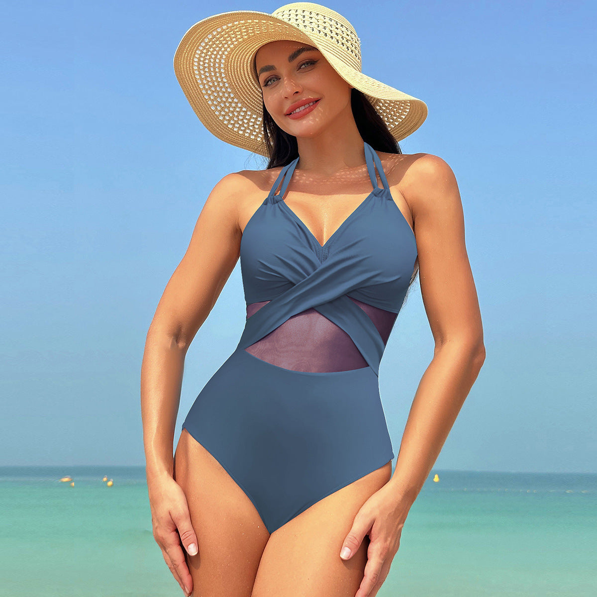 Halter-neck One-piece Swimsuit Summer Solid Color Cross-strap Design Mesh Bikini Beach Vacation Womens Clothing - Nyaabs