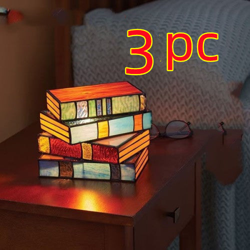 Stacked Books Lamp Nightstand Desk Lamps Resin Handicraft Stacked Books Light Stained Glass Table Desk Reading Light Decorative - Nyaabs