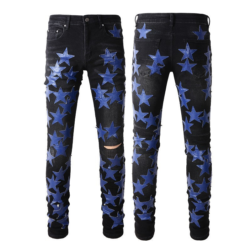 High Street Leather Dark Blue Star Trendy High Craft Stretch Slim Jeans - Nyaabs