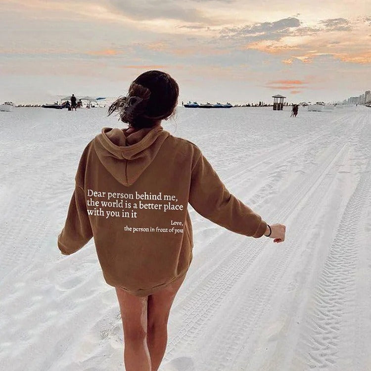 Dear Person Behind Me,the World Is A Better Place,with You In It,love,the Person In Front Of You,Women's Plush Letter Printed Kangaroo Pocket Drawstring Printed Hoodie Unisex Trendy Hoodies - Nyaabs