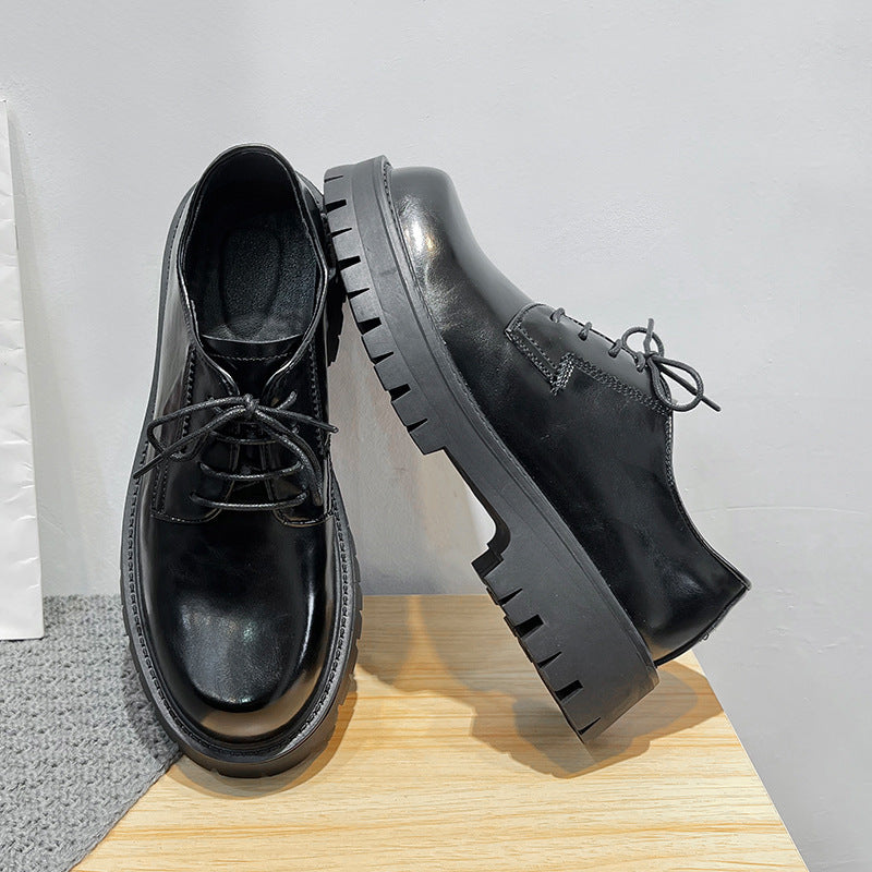 Black Leather Shoes Thick Bottom Elevator Wild Chunky Heel Lace-up nyaabs.com