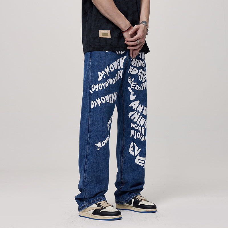 Men's Loose Blue Non-elastic Draggle-tail Straight Trousers - Nyaabs