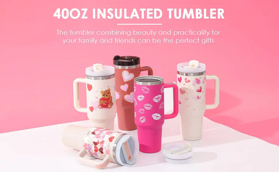 40 Oz Tumbler With Handle Straw Insulated, Stainless Steel Spill Proof Vacuum Coffee Cup Tumbler With Lid Tapered Mug Gifts For Valentine Lover Suitable For Car Gym Office Travel - Nyaabs