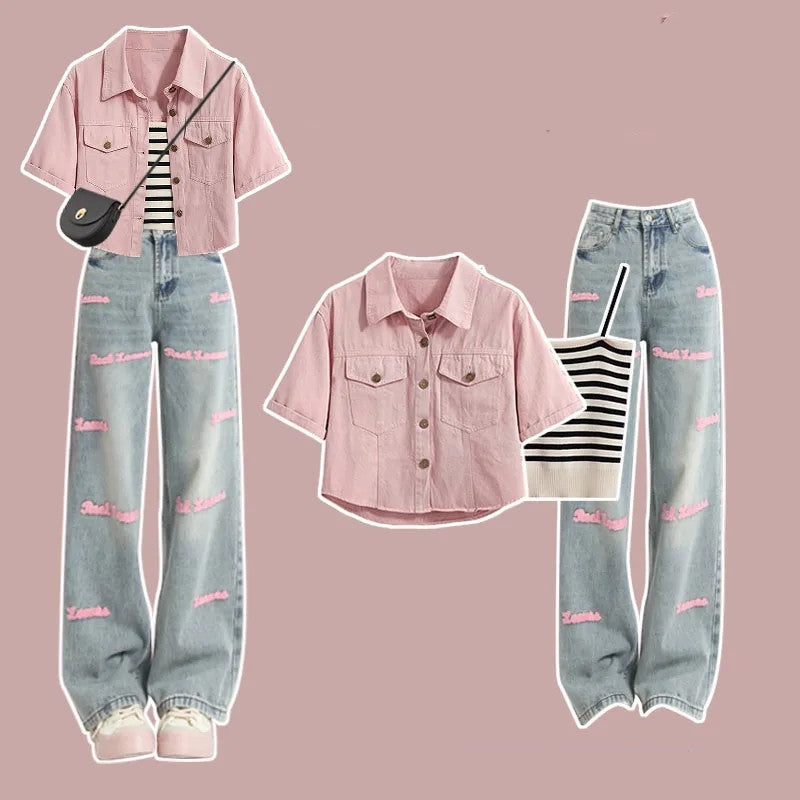 Color Denim Jacket Inner Suspender With Jeans Three-piece Set - Nyaabs