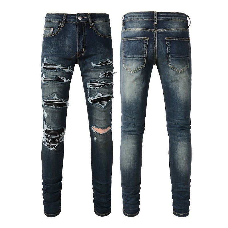 European And American High Street Jeans Blue Ripped Leather Patchwork - Nyaabs