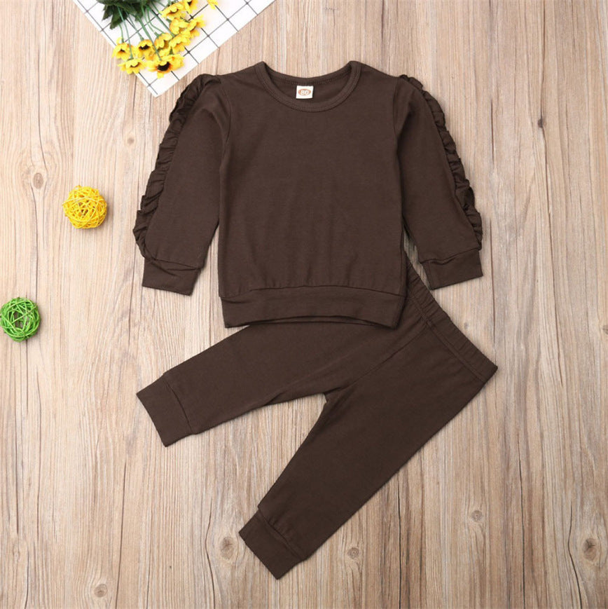 Newborn Baby Boys Girls Ruffles Jumper Solid Long Sleeve Sweatshirt Tops Pants Infant Kids 2Pcs Outfits Clothes Set Fall Clothes - Nyaabs