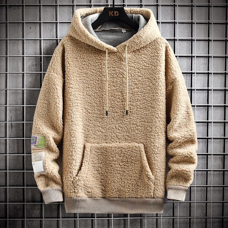 Men's Hooded Drawstring Pocket Lamb Wool Sweatshirt Velvet Padded Thickened Coat - Nyaabs