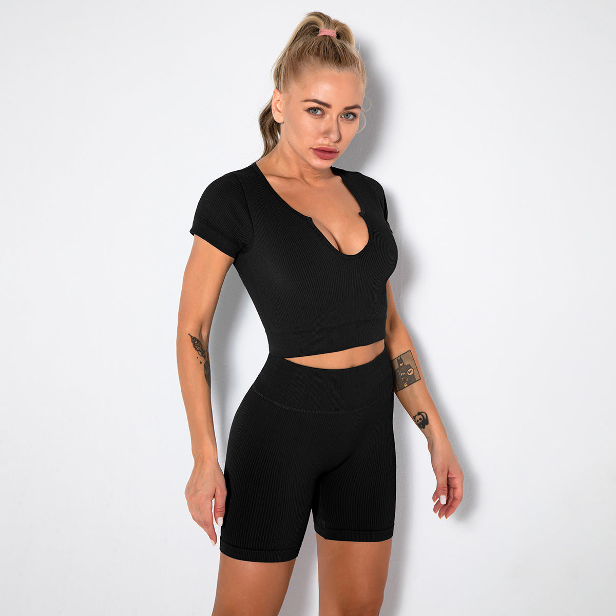 Seamless Knitted Sexy Sports Short-sleeved Shorts Yoga Wear Fitness Suit - Nyaabs