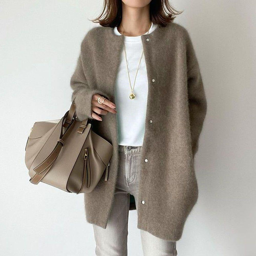 Loose Round Neck Single Breasted Cardigan Fashion Solid Color Coat Jacket Autumn And Winter Women's Clothing - Nyaabs