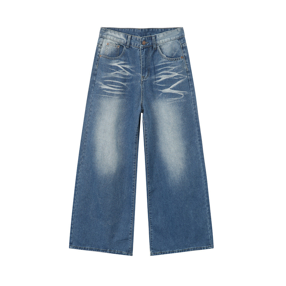 Maychao Washed Crease Vintage Draping Wide Leg Jeans - Nyaabs