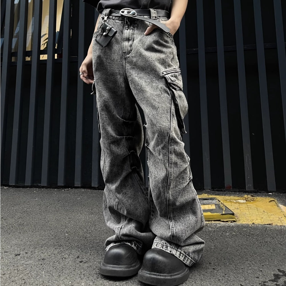 Pleated Workwear With Pocket Jeans Loose-fitting Wide-leg Trousers - Nyaabs