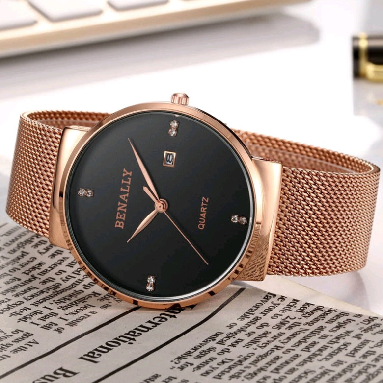 Ultra-thin diamond scale simple business men's sports quartz mesh with waterproof watch - Nyaabs