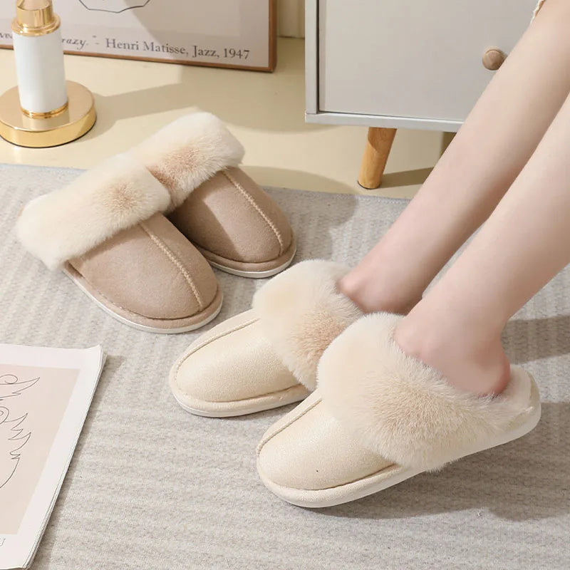 Winter Warm Plush Home Slippers Indoor Fur Slippers Women Soft Lined Cotton Shoes Comfy Non-Slip Bedroom Fuzzy House Shoes Women Couple - Nyaabs