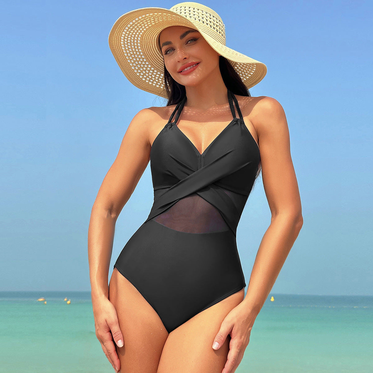 Halter-neck One-piece Swimsuit Summer Solid Color Cross-strap Design Mesh Bikini Beach Vacation Womens Clothing - Nyaabs