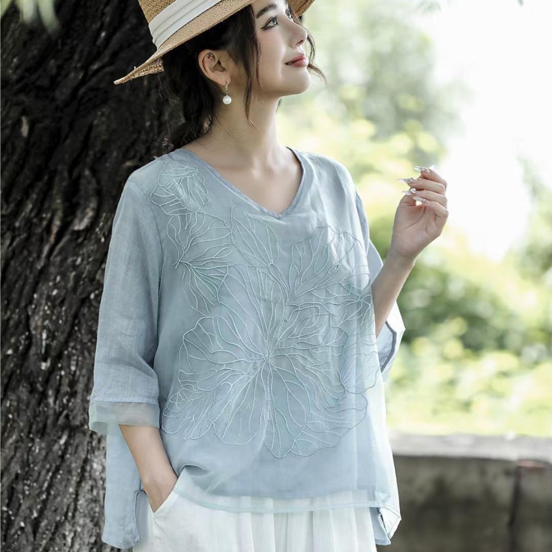 Machine Embroidery Cotton And Linen Shirt For Women nyaabs.com