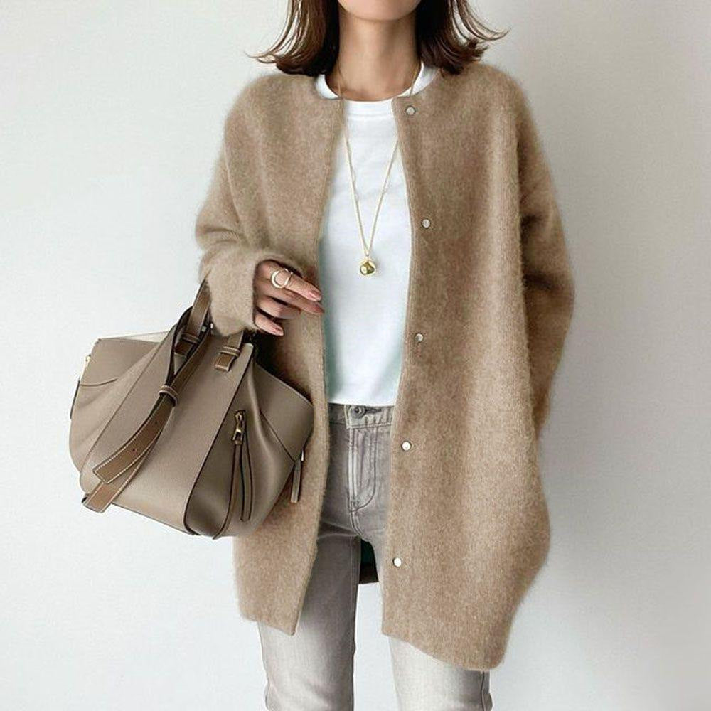 Loose Round Neck Single Breasted Cardigan Fashion Solid Color Coat Jacket Autumn And Winter Women's Clothing - Nyaabs