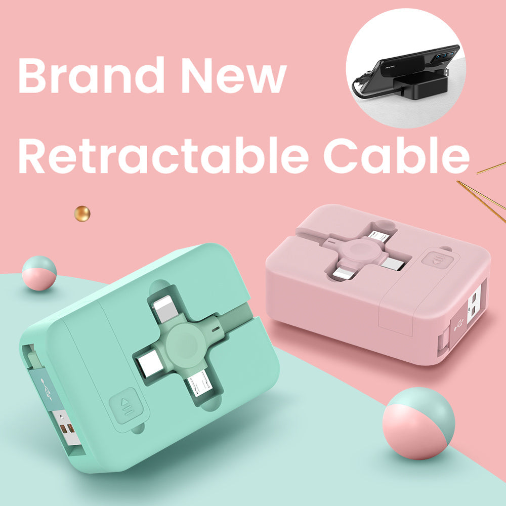 4 In 1 Retractable USB Cable Type C Micro  Phone Stand Charging Data Cable Line Storage Box - Nyaabs