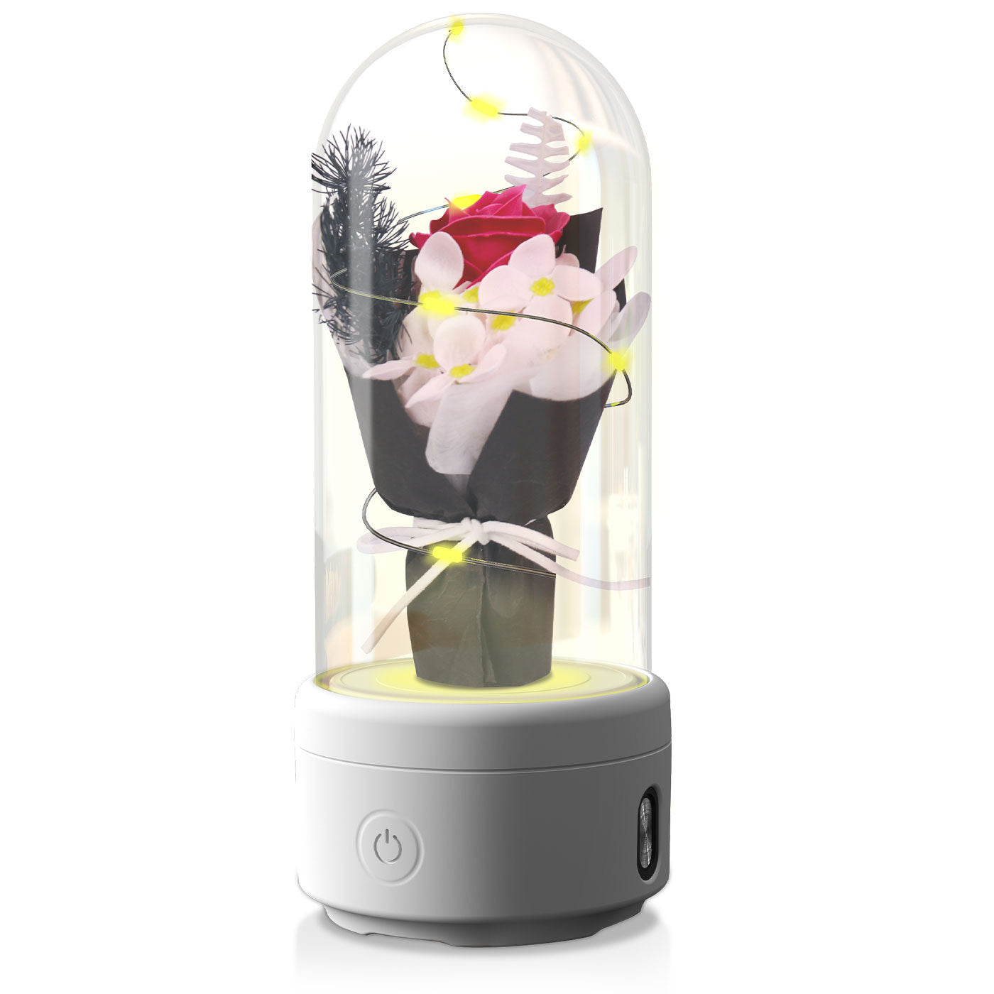 Creative 2 In 1 Bouquet LED Light And Bluetooth Speaker Mother's Day Gift Rose Luminous Night Light Ornament In Glass Cover - Nyaabs