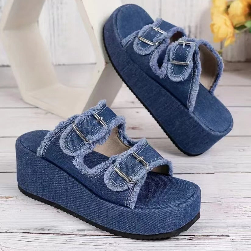 Fashion Denim Buckle Wedges Sandals Summer Outdoor High Heel Slippers Thick Bottom Camouflage Shoes For Women nyaabs.com