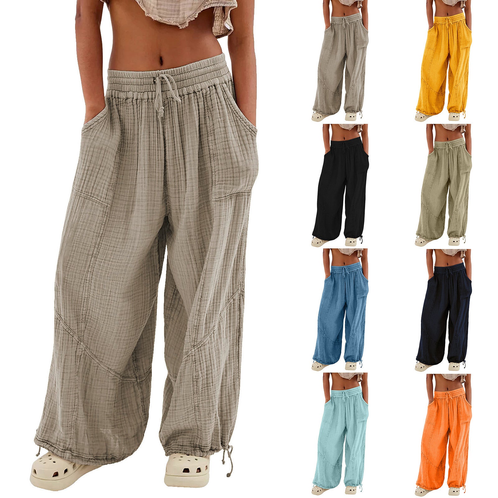 Women's Fashion Solid Color Lace-up Pocket Wide Leg Pants - Nyaabs