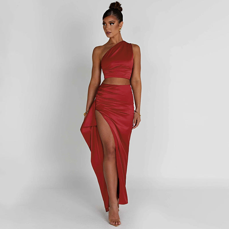 One-shoulder Satin Short Top High Waist Split Maxi Dress E - Nyaabs