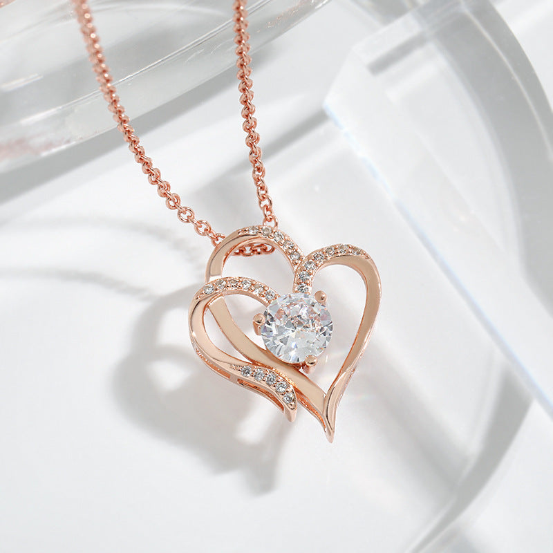 Zircon Double Love Necklace With Rhinestones Ins Personalized Heart-shaped Necklace Clavicle Chain Jewelry For Women Valentine's Day - Nyaabs