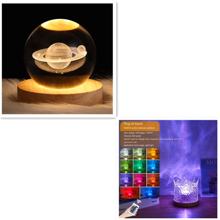 LED Water Ripple Ambient Night Light USB Rotating Projection Crystal Table Lamp RGB Dimmable Home Decoration 16 Color Gifts - Nyaabs