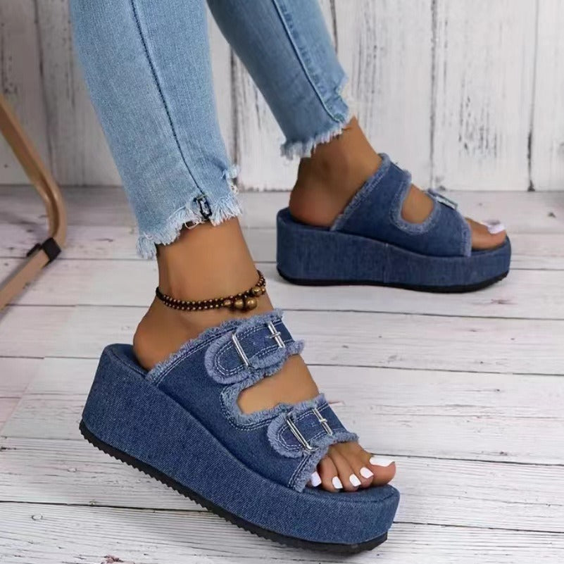 Fashion Denim Buckle Wedges Sandals Summer Outdoor High Heel Slippers Thick Bottom Camouflage Shoes For Women nyaabs.com