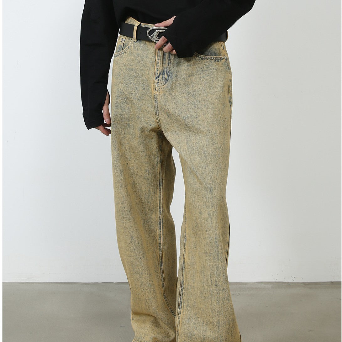 Washed Distressed Yellow Mud-color Straight Jeans - Nyaabs