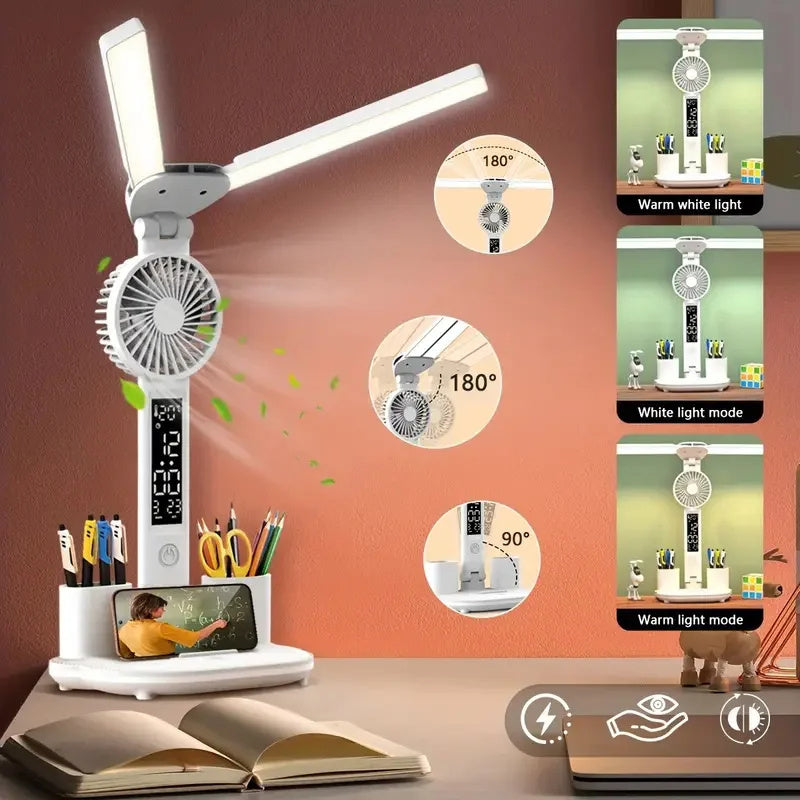 Foldable LED Table Light Eye Protection Multifunction Desk Lamp With Thermometer Calendar Fan Pen Holder Study Reading Fan Light - Nyaabs