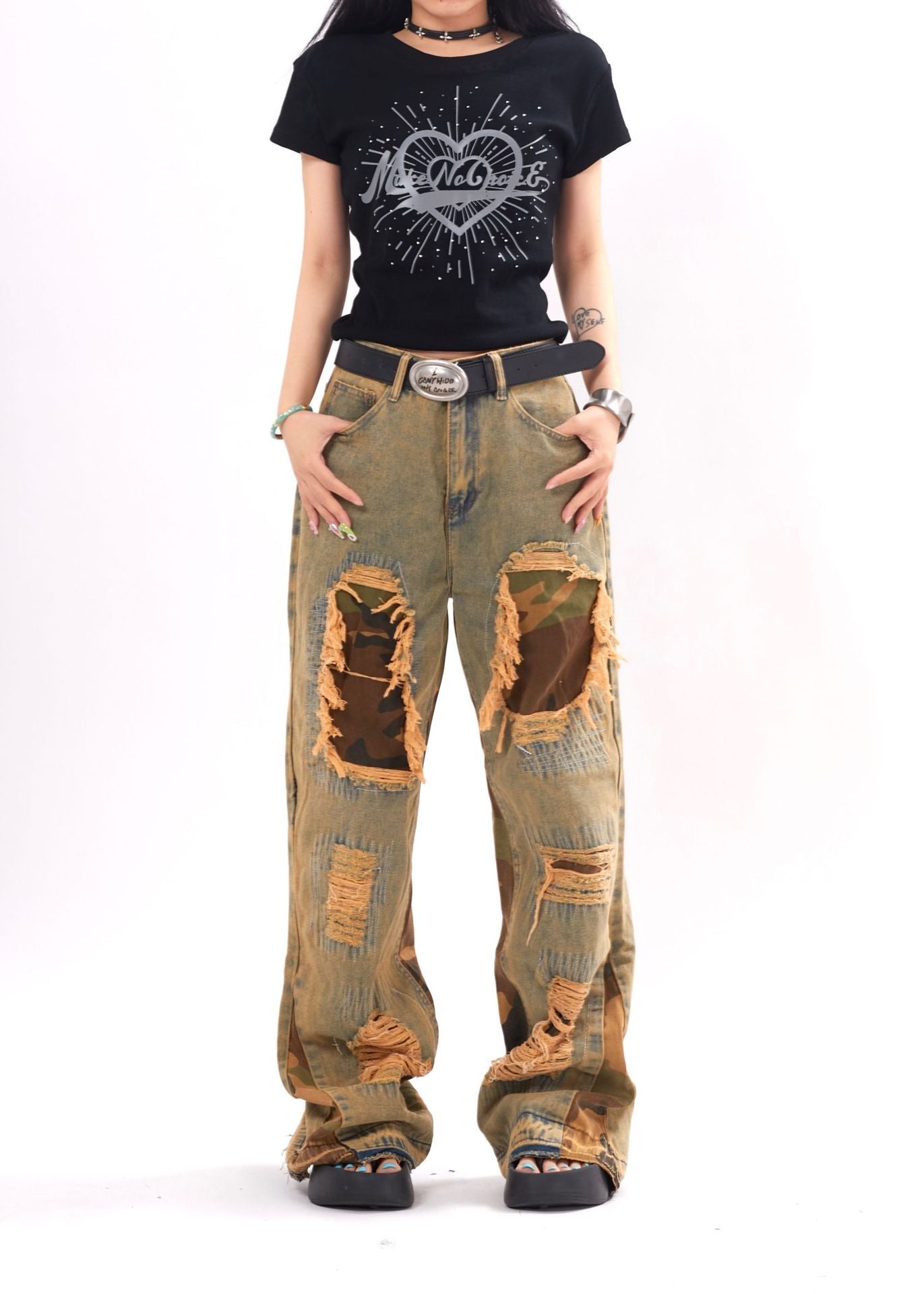 Camouflage Stitching Distressed Raw Hem Jeans Men - Nyaabs