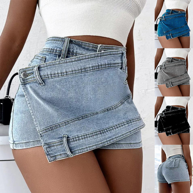 Y2K Street Vintage Denim Shorts Stretch Overlap Waist Wrap Solid Asymmetrical Hem A-Line Skinny Mini Skorts Skirt - Nyaabs