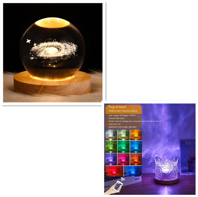 LED Water Ripple Ambient Night Light USB Rotating Projection Crystal Table Lamp RGB Dimmable Home Decoration 16 Color Gifts - Nyaabs