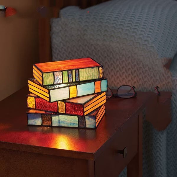 Stacked Books Lamp Nightstand Desk Lamps Resin Handicraft Stacked Books Light Stained Glass Table Desk Reading Light Decorative - Nyaabs