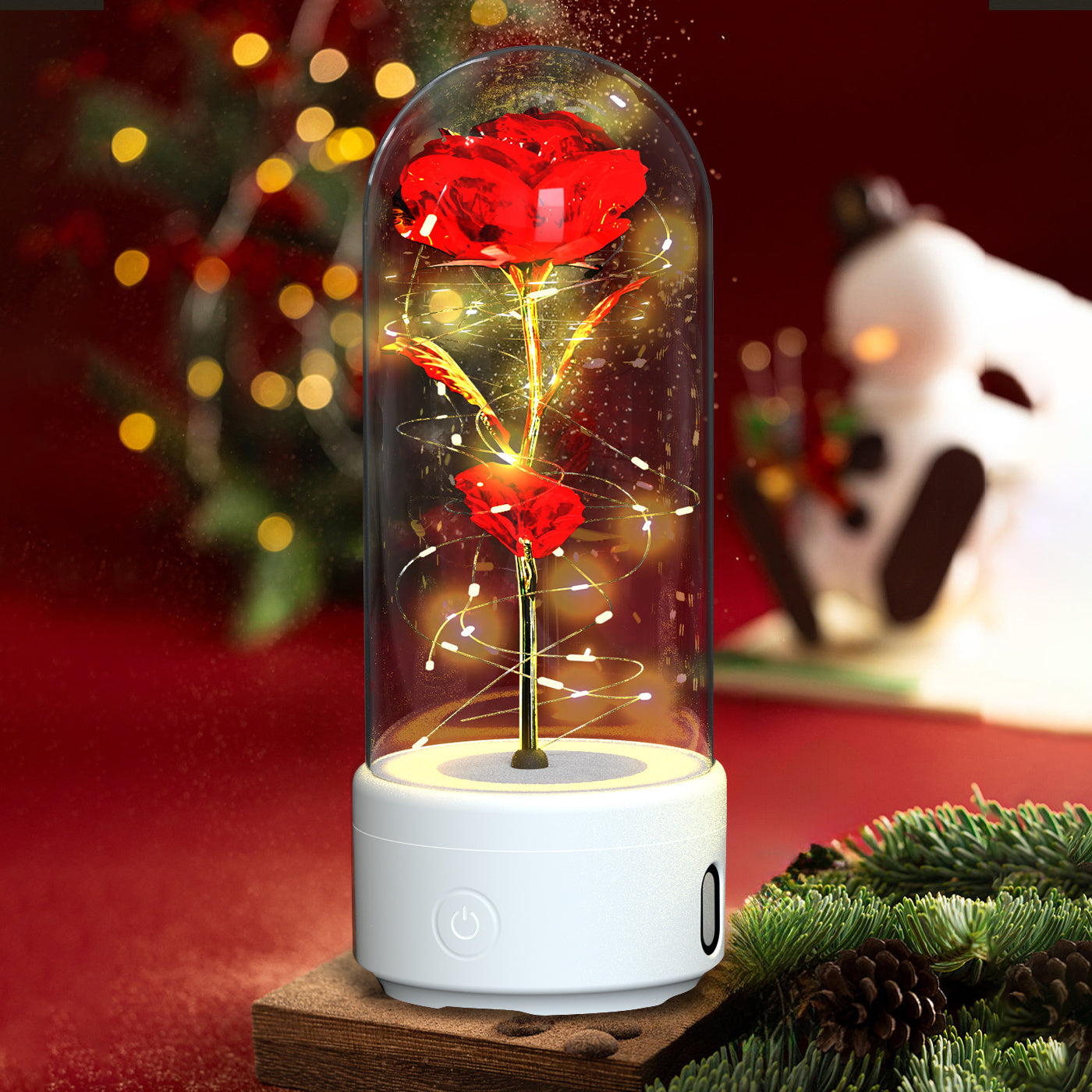 Creative 2 In 1 Rose Flowers LED Light And Bluetooth Speaker Valentine's Day Gift Rose Luminous Night Light Ornament In Glass Cover - Nyaabs